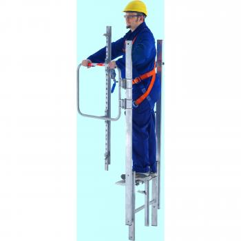Zarges fixed ladder safety barrier in stirrup form with integrated arrester rail